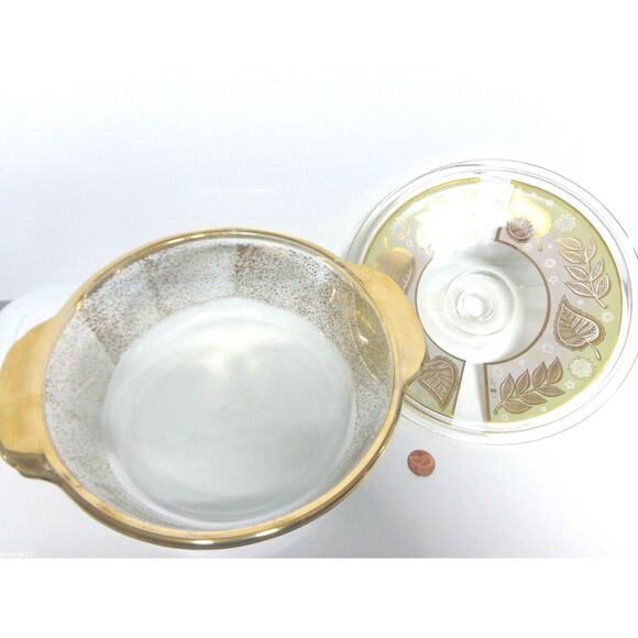 Vtg Mid-Century 22k Gold Leaf COVERED 2QT CASSEROLE DISH & STAND Fire King GVC! - Picture 8 of 10